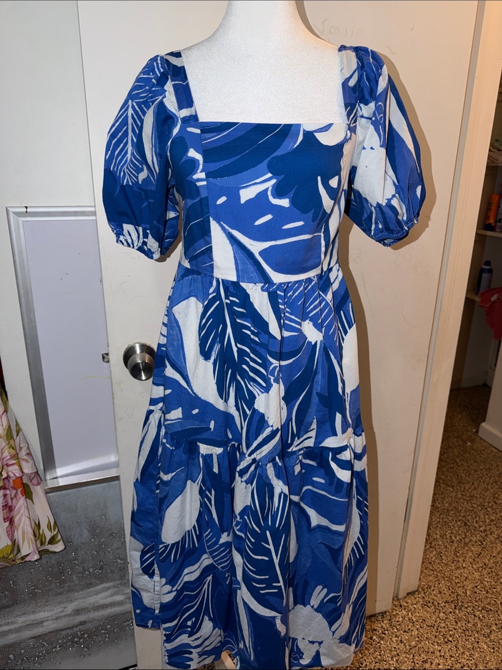 Blue and White Tropical-Print Square Neck Midi Dress